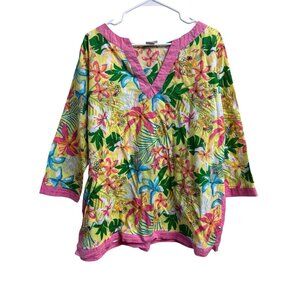 All For Color Tropical Floral Tunic Top Yellow Pink Cotton L XL